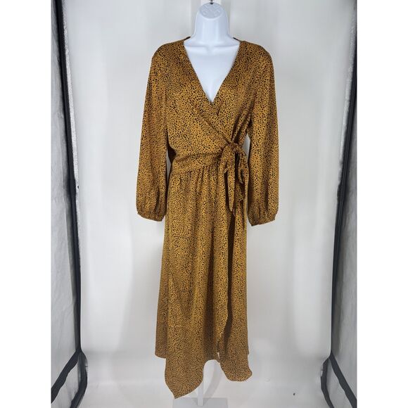 Sheike Dresses & Skirts - Mustard Yellow Animal Print Wrap Dress | Long Sleeve V-Neck Midi with Tie Waist